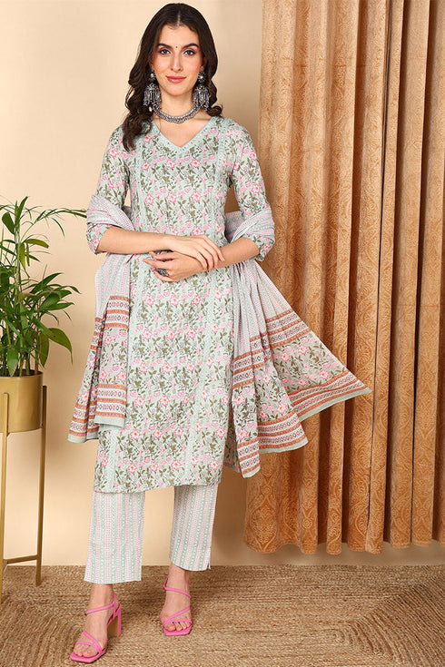 Plus Size Sea Green Pure Cotton Floral Printed Straight Suit Set